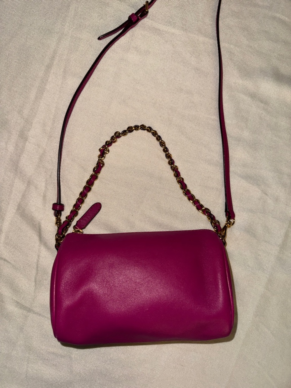 Fuchsia Leather Mini Bag with Gold Chain Strap
